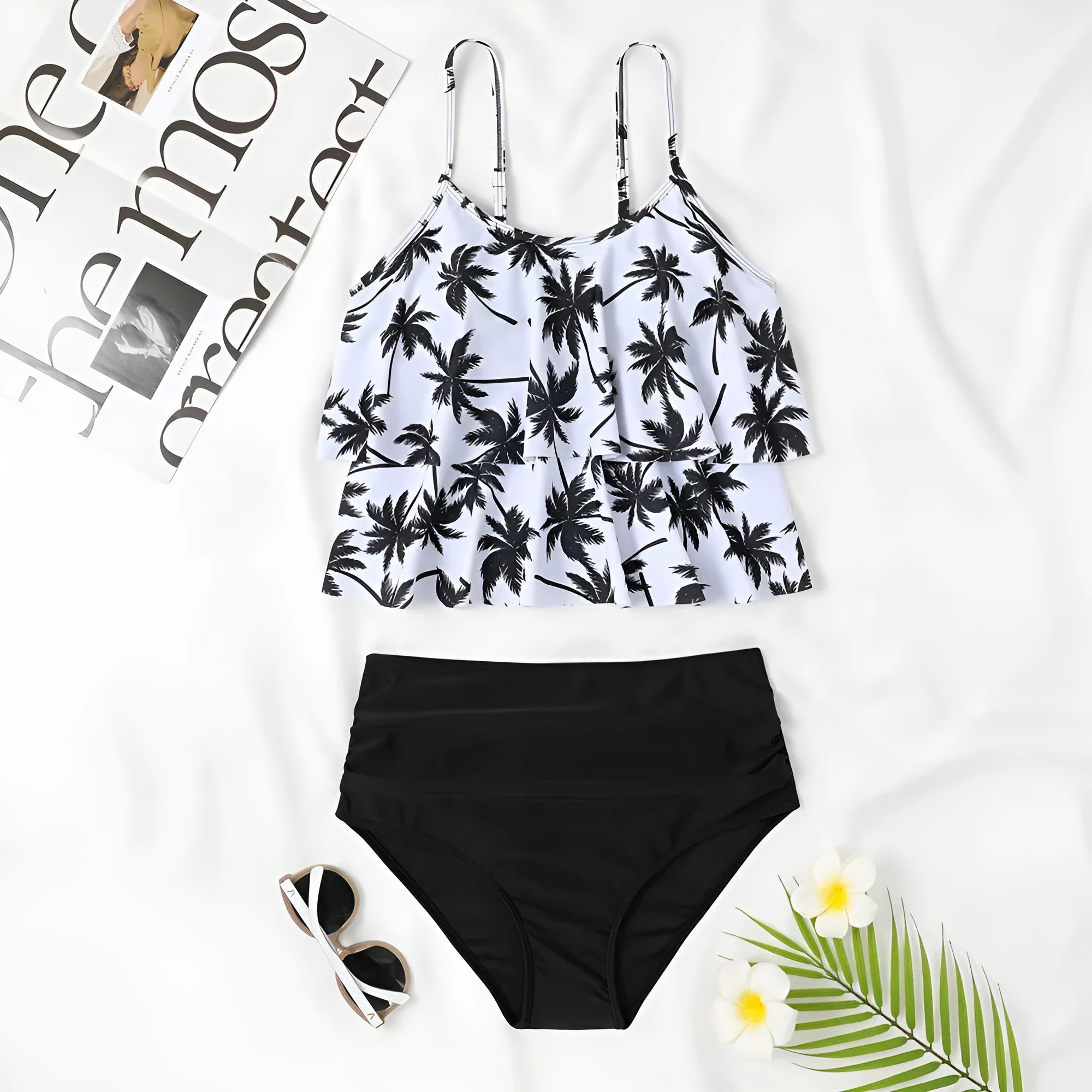 Women's high waist double-layer swimsuit briefs in a printed design.