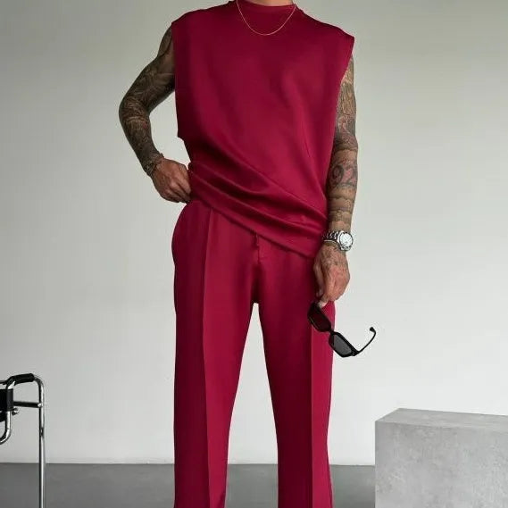 Men's two-piece suit set with trousers and vest in simple style, available in multiple colours, polyester fabric