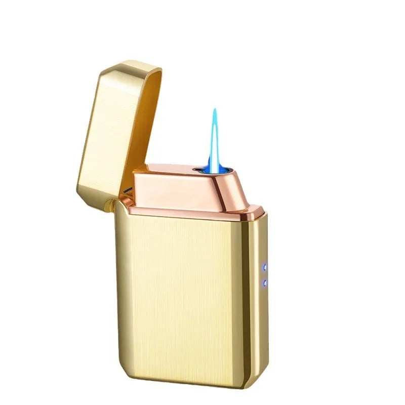 Voice-controlled Blow-and-blow Ignition Torch Lighter with Metal Construction, Wind Resistance, Available in Black Ice, Gold Brushed, Blue Ice, Nickel Brushed, Silver Brushed, HT-2303 Gift Box Set for Everyday Use