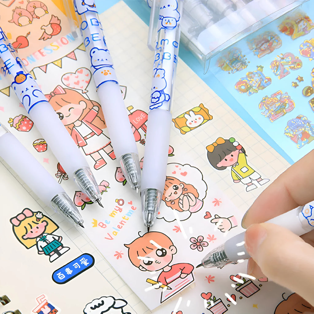 Press pen craft knife set with six interchangeable blade heads showing bear and rabbit character designs