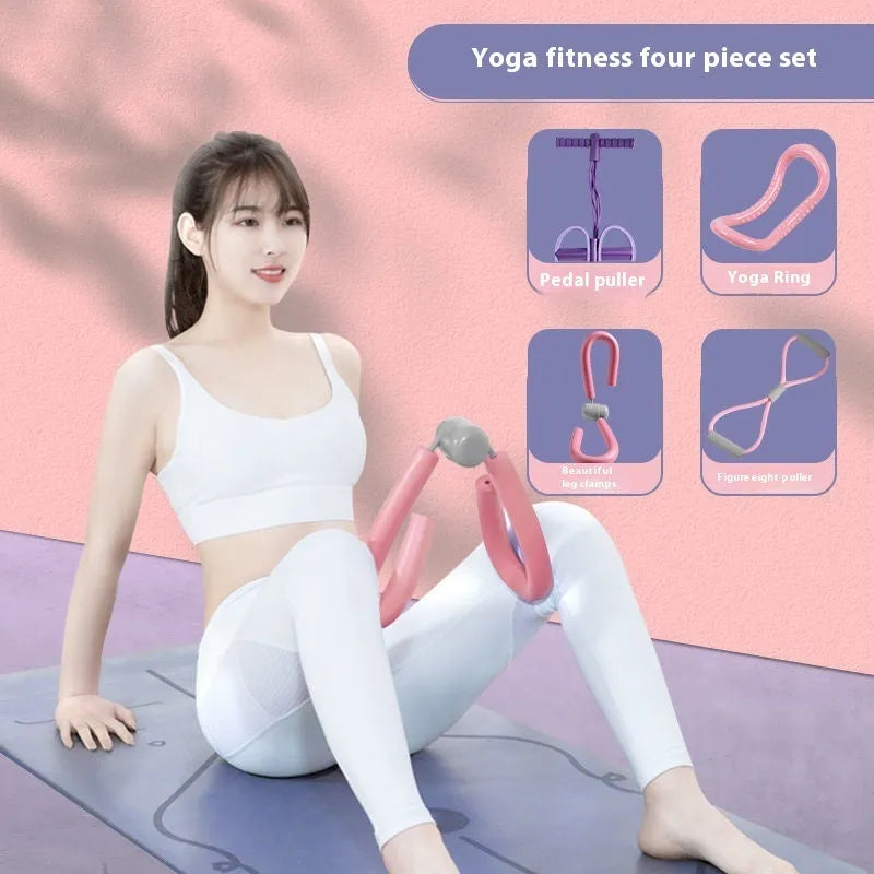 Four piece yoga fitness set showing leg stretcher, yoga ring, pedal puller and figure eight tension rope