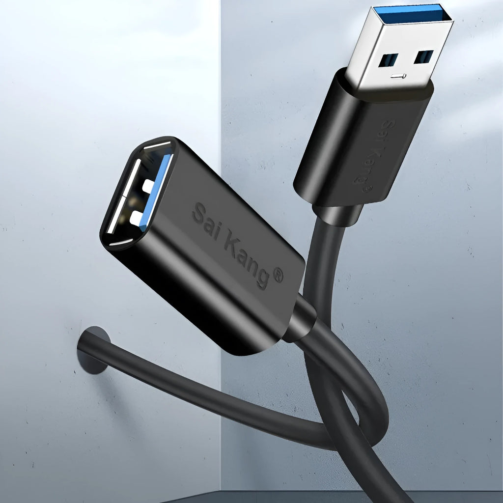 Black USB 3.0 and USB 2.0 male to female extension cable showing connectors, available in multiple lengths.