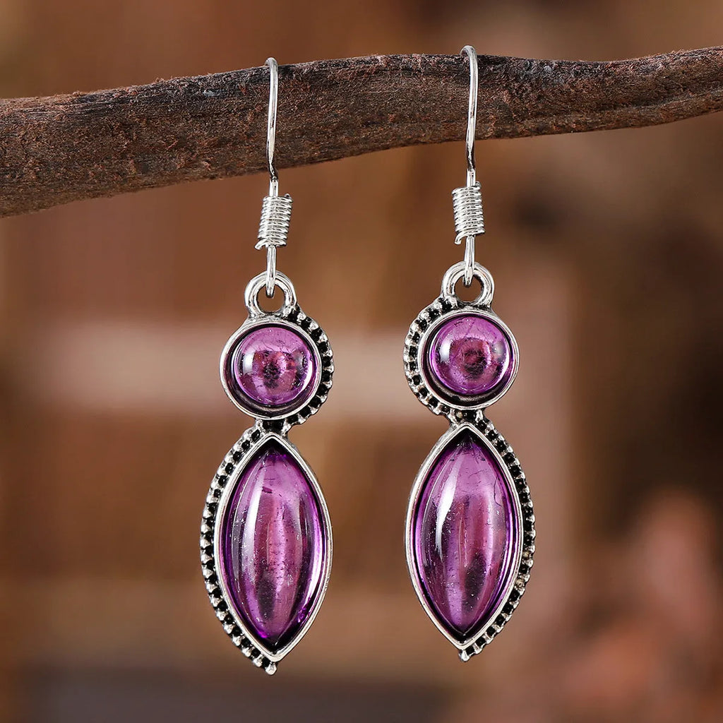 Vintage geometric pendant earrings in black and purple with bohemian retro style