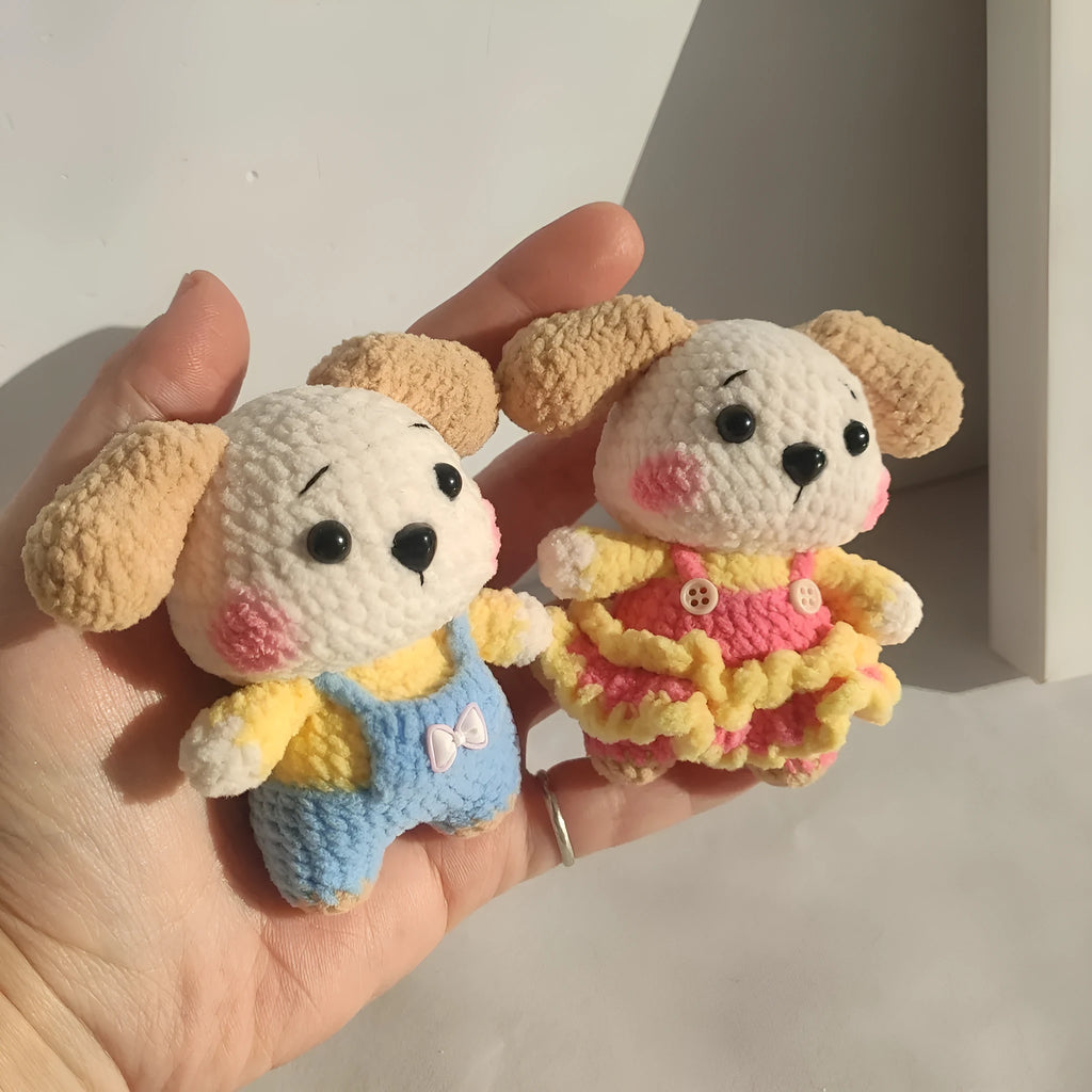 Hand-finished woollen couple zodiac dog pendant charm with key chain on pinafore dress and trousers styles
