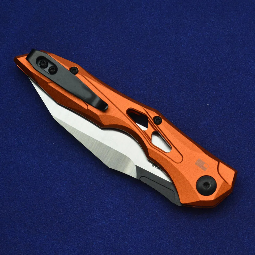 Black folding fruit knife with D2 steel blade and aluminium handle for camping