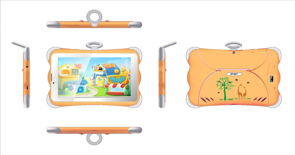7-inch children's learning tablet in cartoon colours showing screen, stand, and 3G call function