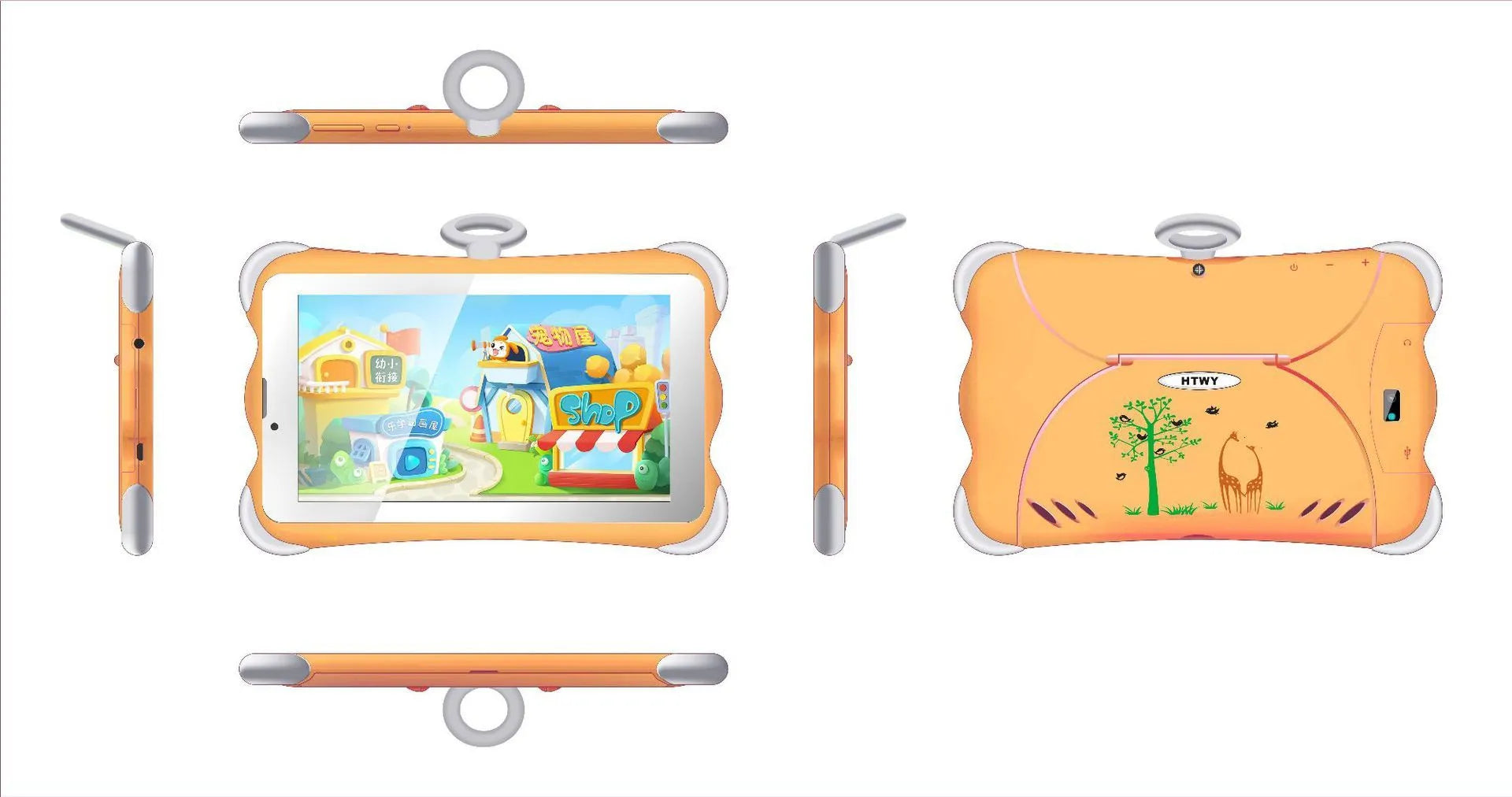 7-inch children's learning tablet in cartoon colours showing screen, stand, and 3G call function