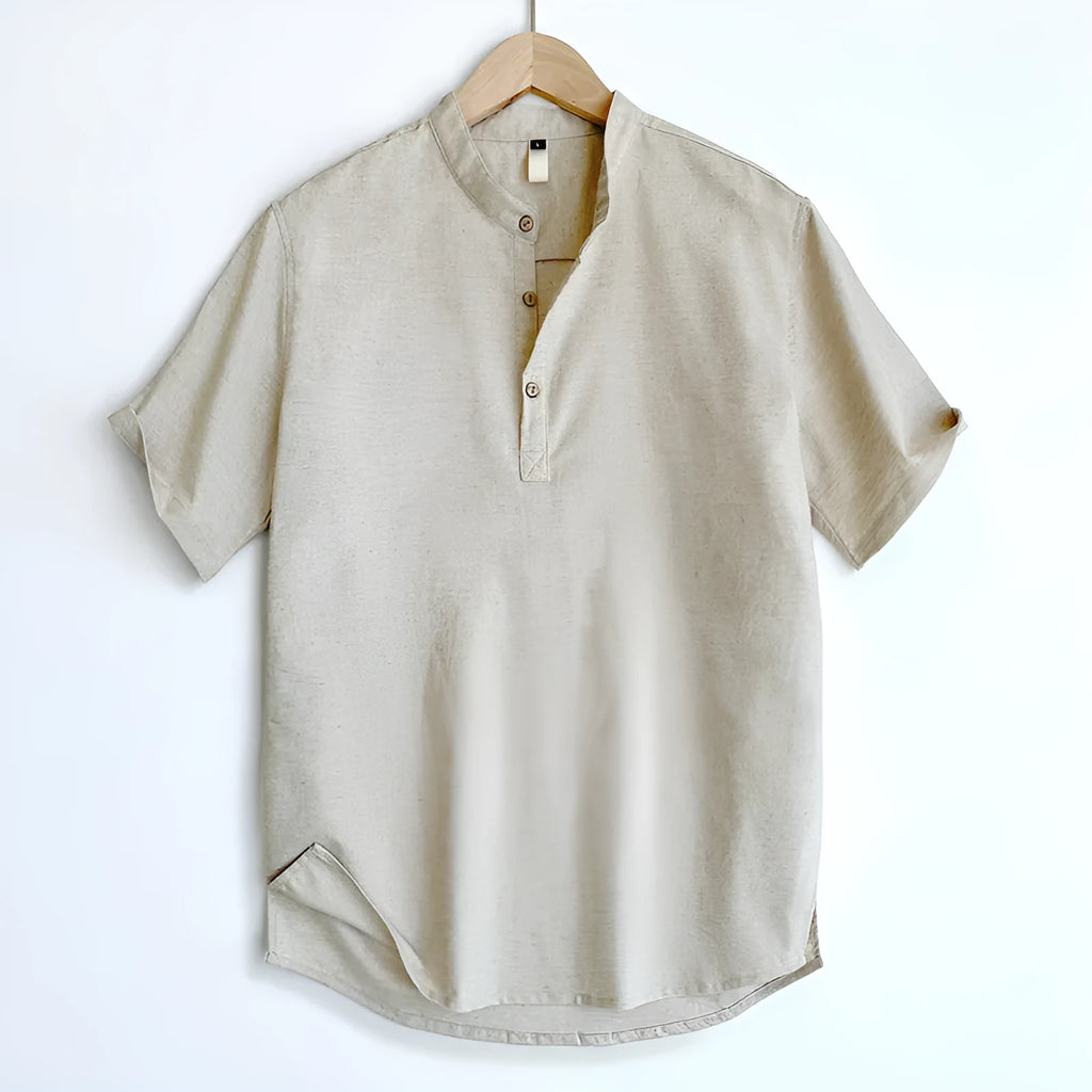 Men's solid colour linen blend short sleeve t-shirt on a hanger.