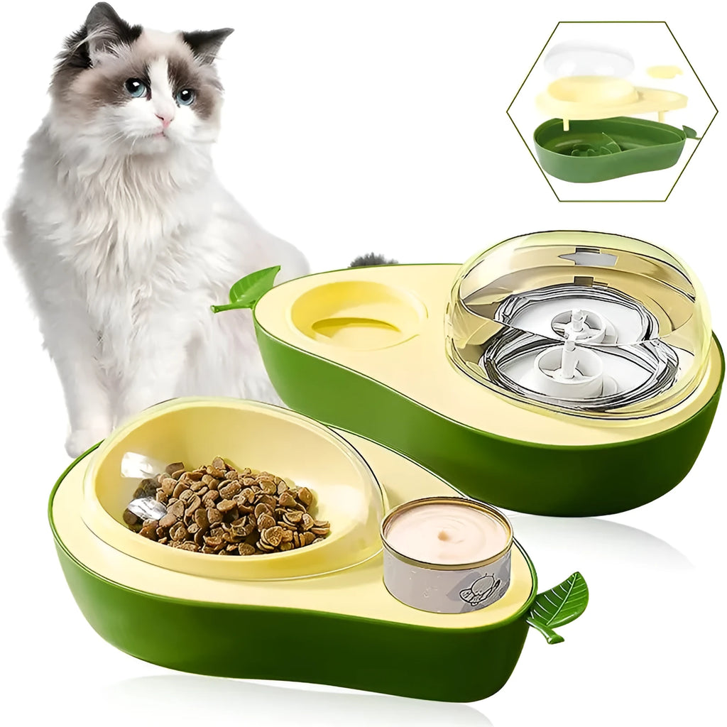 Avocado shaped automatic cat water dispenser and food feeder with slow bowl option