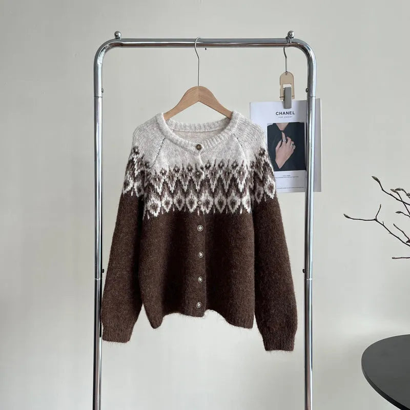 Women's loose fit jacquard sweater coat in milky white, brown or navy blue with long sleeves