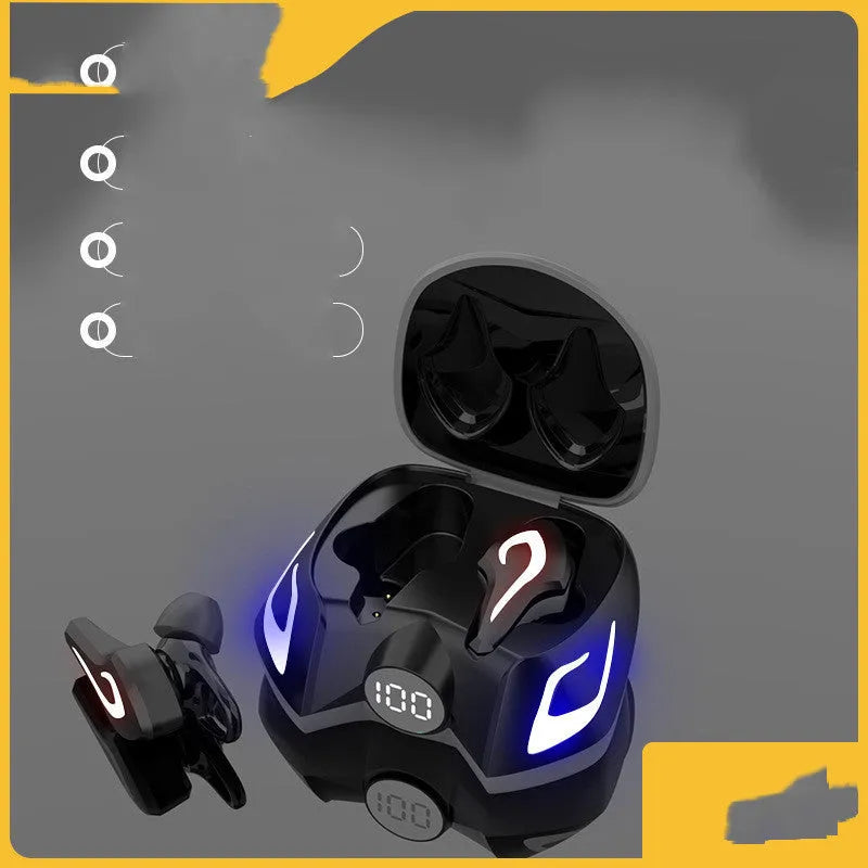 Wireless black and grey gaming Bluetooth earbuds showing in-ear fit.