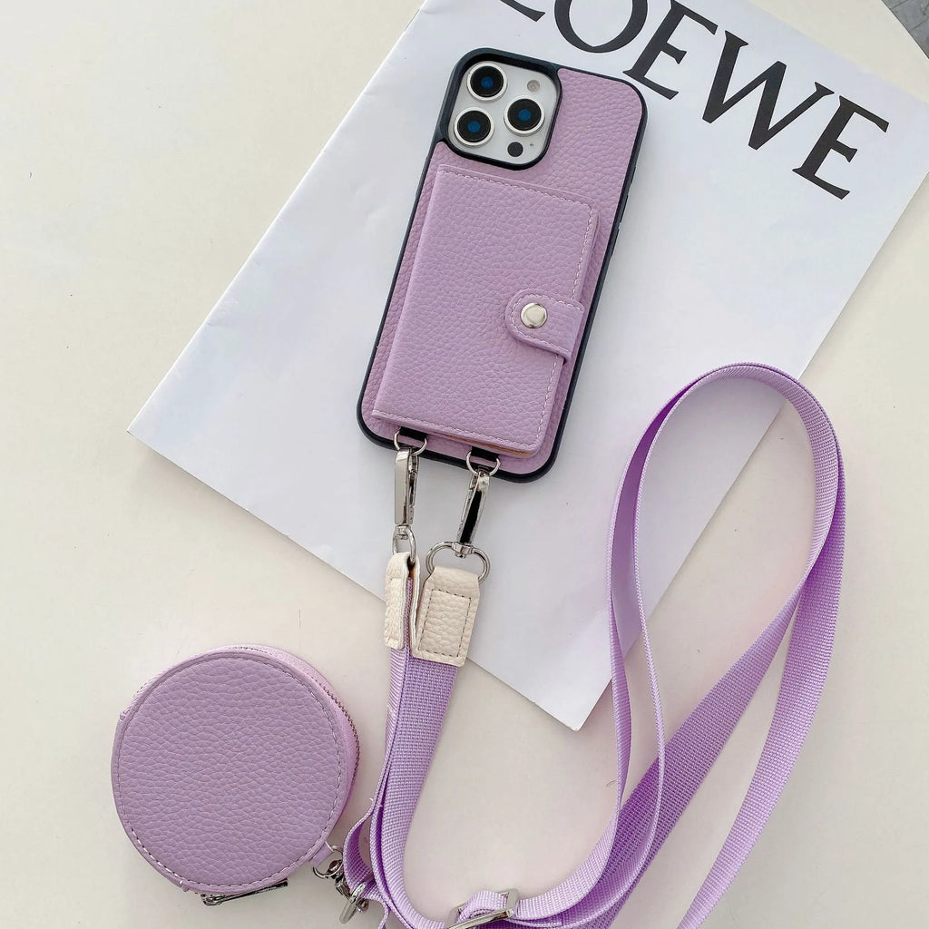Black PC leather card holder phone case for iPhone with wrist lanyard attached.