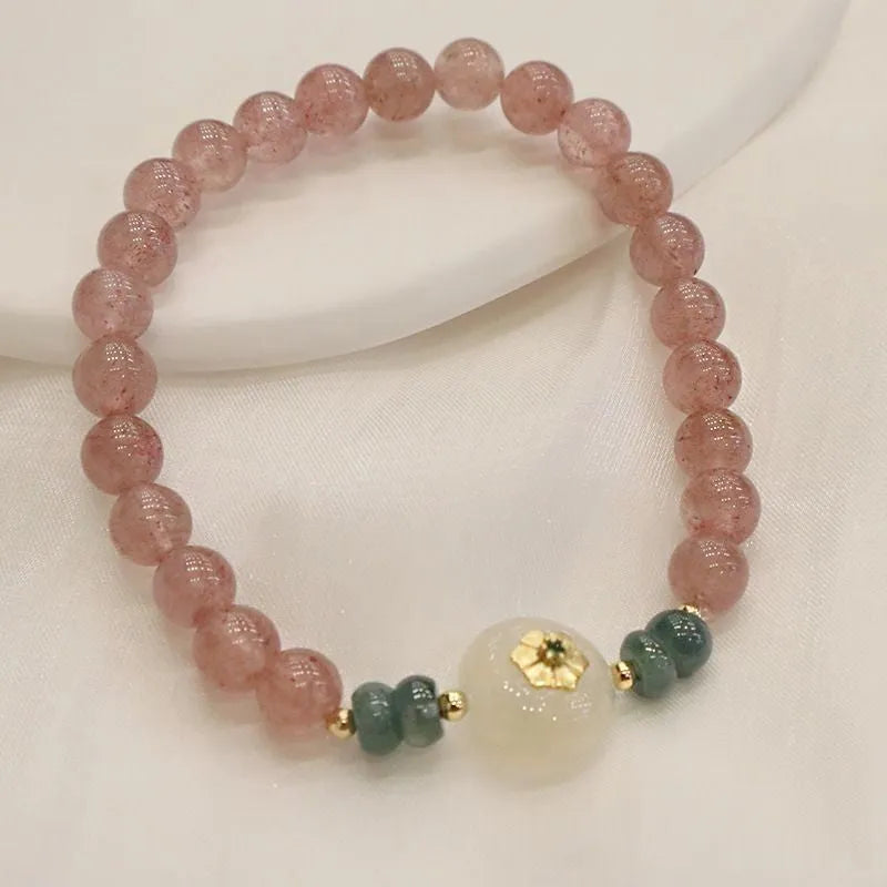 Strawberry quartz and blue water emerald bracelet with round jade pendant in new Chinese style