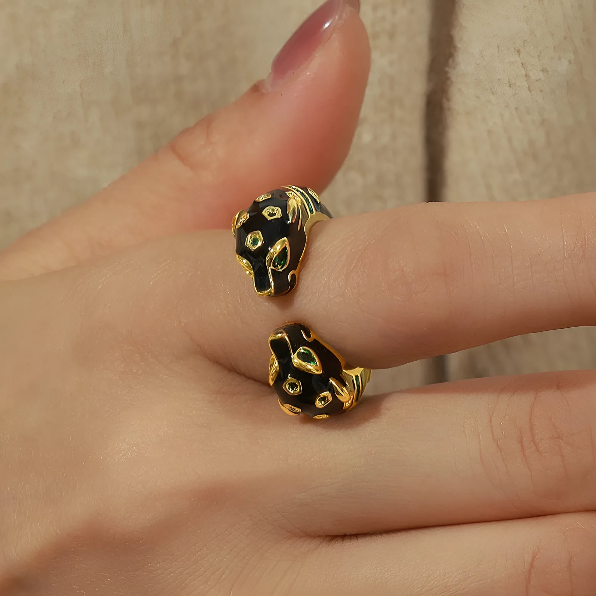 Women's copper cheetah print open ring with geometric design in black electroplated finish