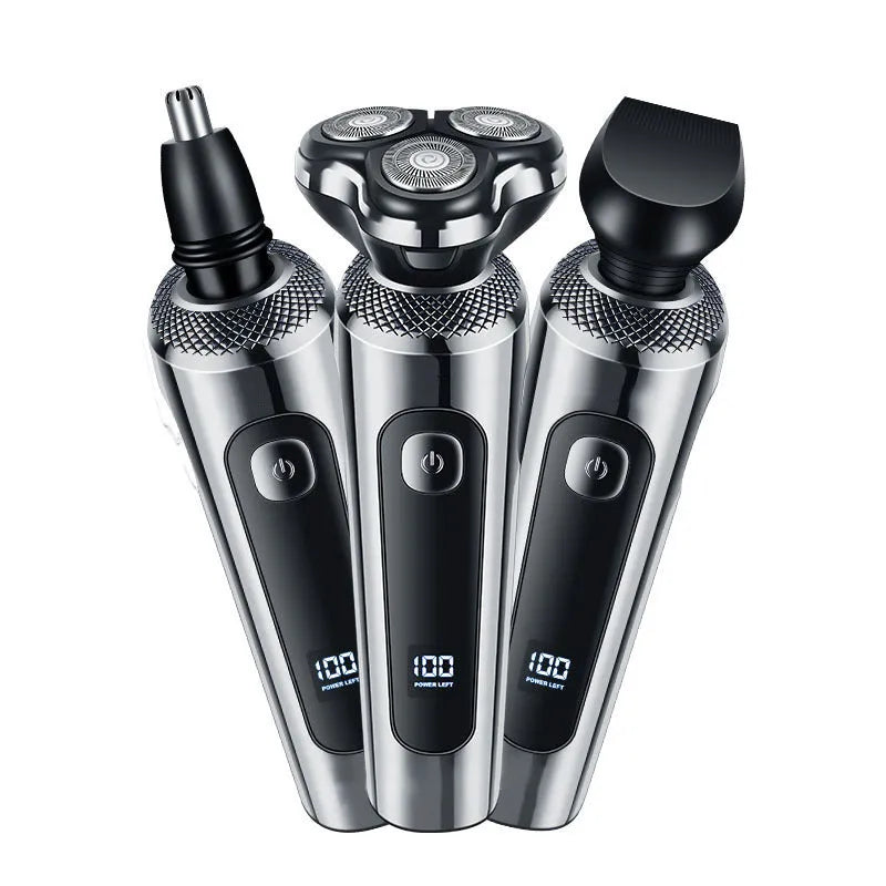USB rechargeable beard trimmer with digital LED display and five-in-one comb base bracket.