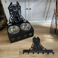 Personalised dog bowl holder with custom name engraving on stainless steel bowl with iron dog head stand