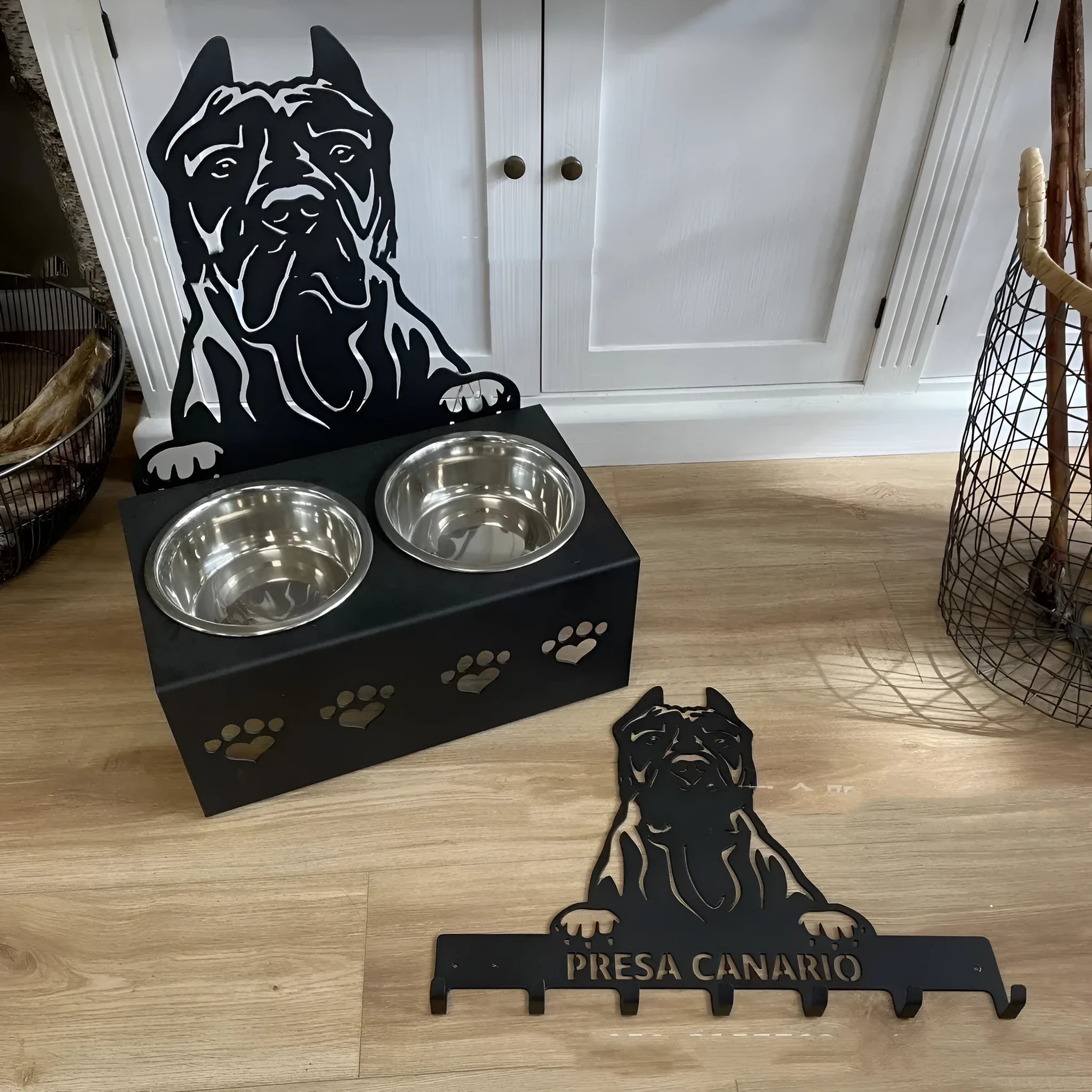 Personalised dog bowl holder with custom name engraving on stainless steel bowl with iron dog head stand