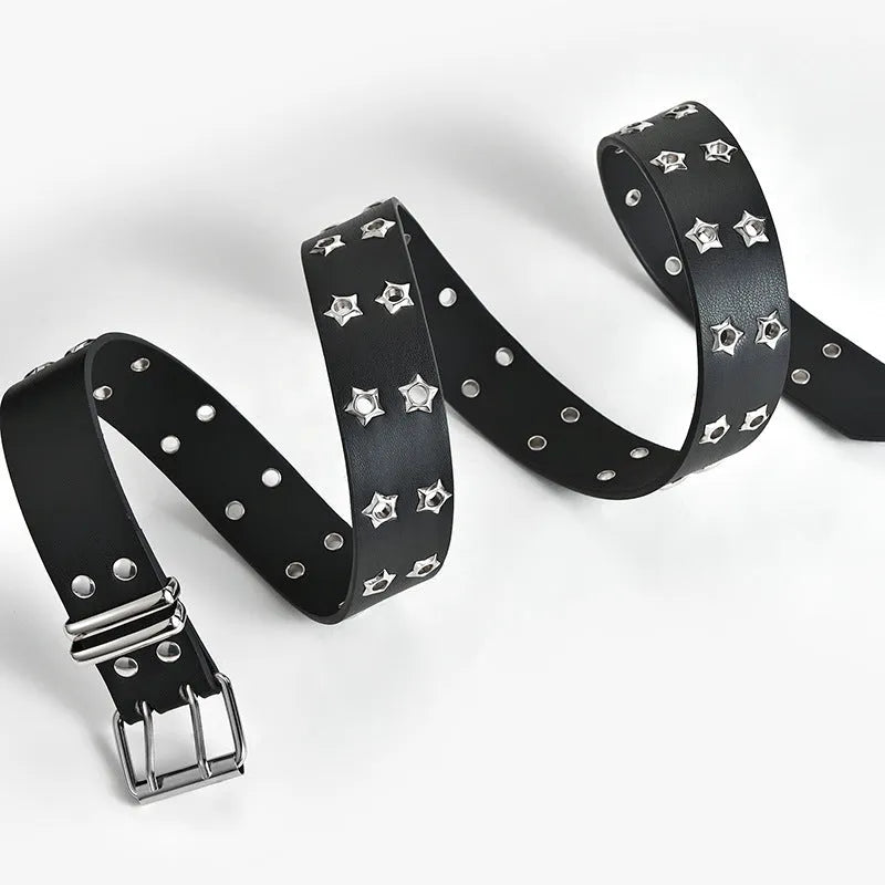 Women's fashion stars decorative double-row belt in imitation leather with alloy buckle, 110x3.3cm