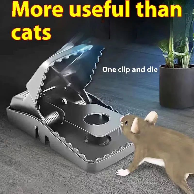 Automatic metal and plastic mouse cage trap shown in small, medium, and large sizes.