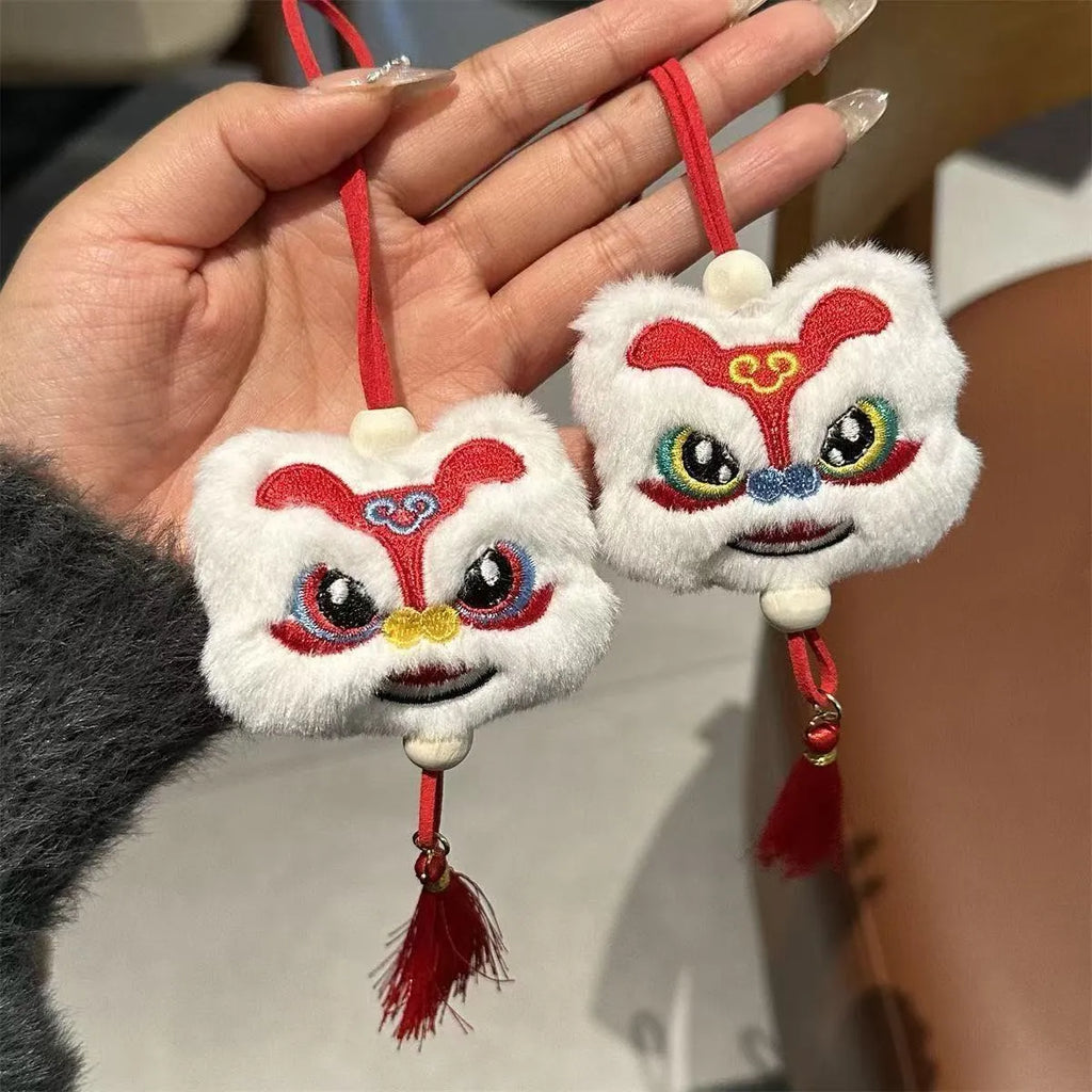 Chinese style plush lion tassel ornament keychain in blue or yellow colour