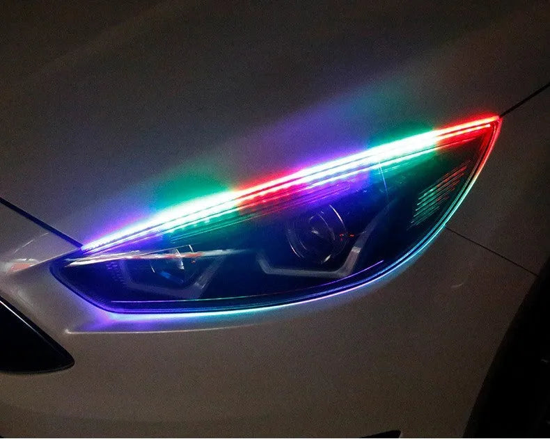 Universal RGB colour-changing LED daytime running light strip with remote control in 30cm, 45cm, and 60cm lengths.