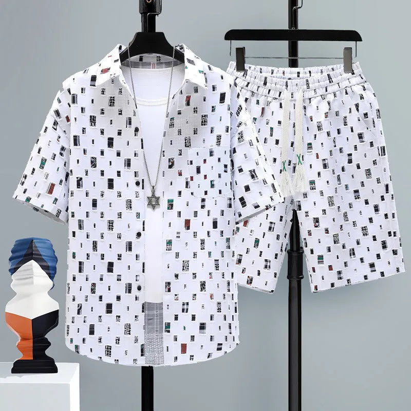 Men's casual sports two-piece set showing short sleeve top and matching shorts
