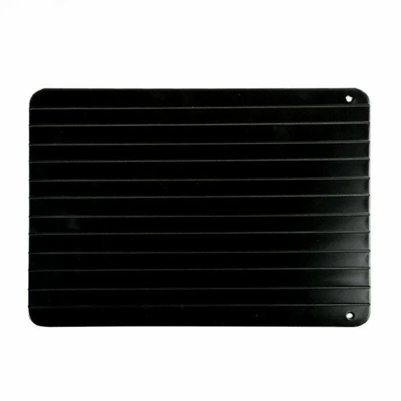 Black aluminium fast defrosting tray for kitchen use measuring approximately 23cm by 16.5cm