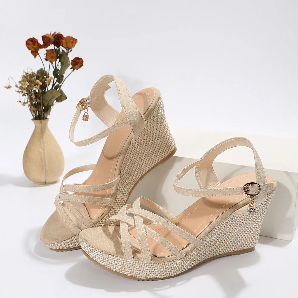Women's beige wedge sandals with fish mouth open toe design and cloth upper material