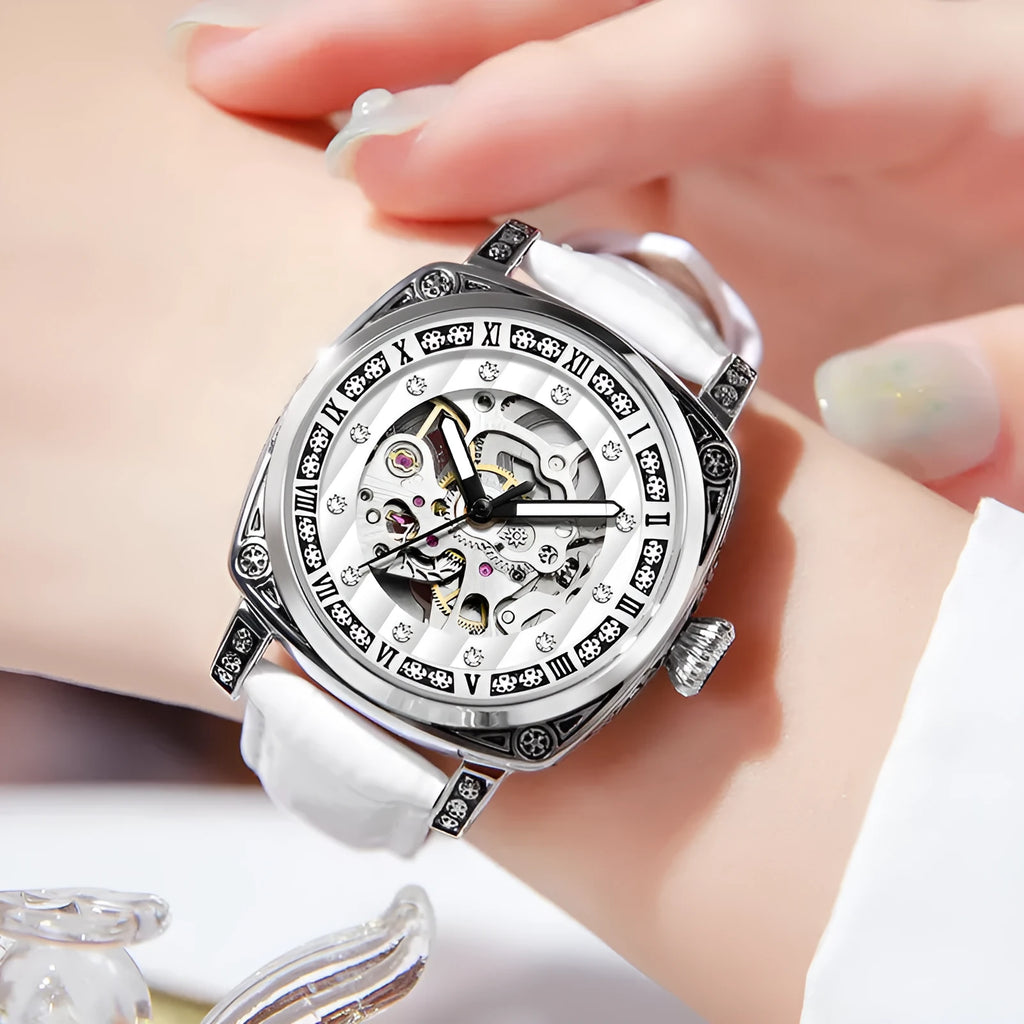 Mechanical wristwatch with luminous hands on leather strap, available in multiple colour dials