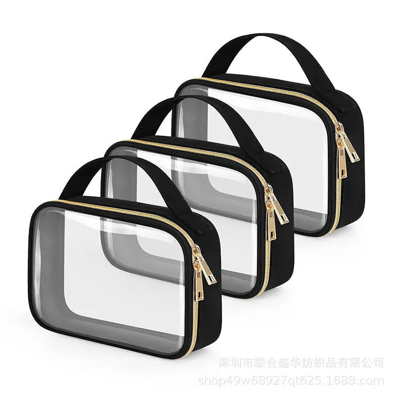 Transparent PVC wash bag with detachable chain in leopard print, holding lipsticks and brushes.