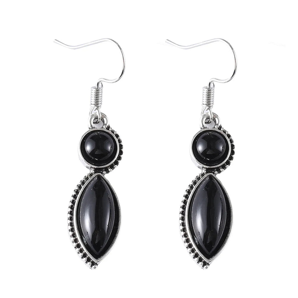 Vintage geometric pendant earrings in black and purple with bohemian retro style