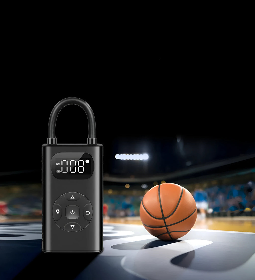 Black M09X portable tyre inflator power bank with USB cable and 16cm hose on grey background