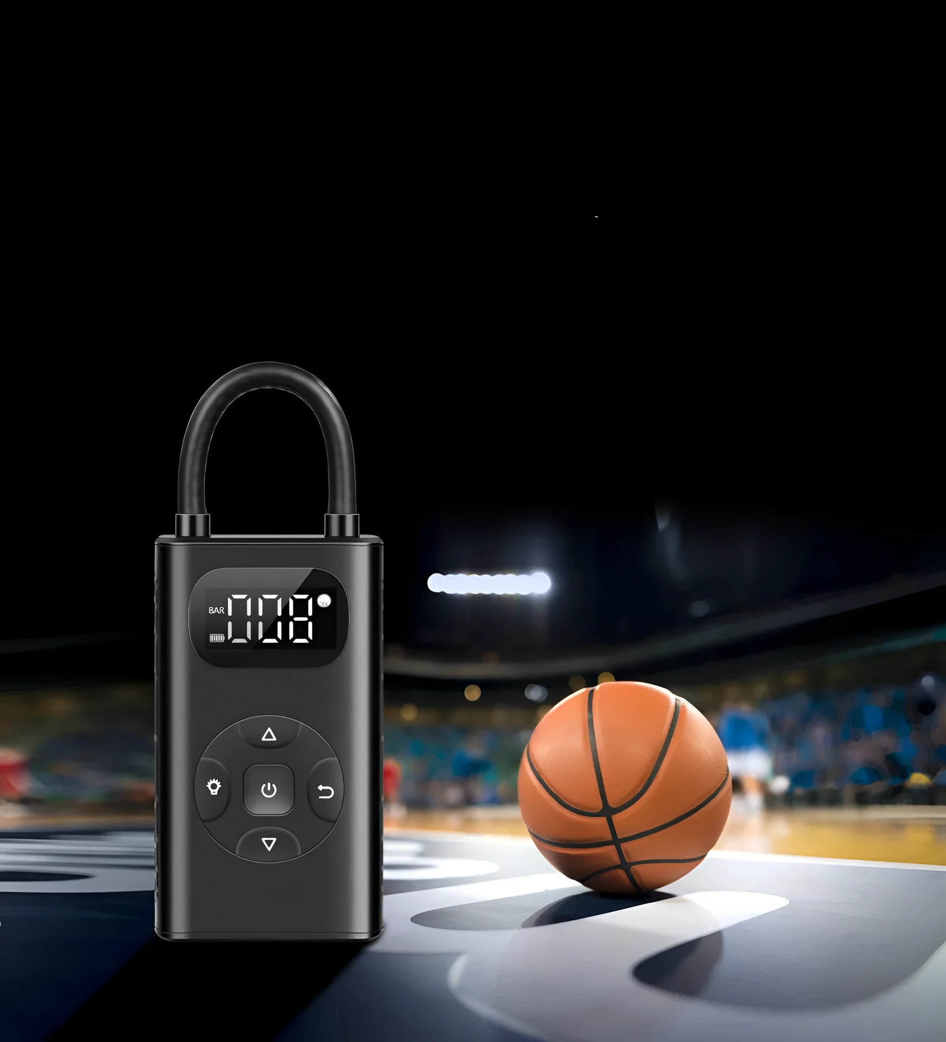 Black M09X portable tyre inflator power bank with USB cable and 16cm hose on grey background