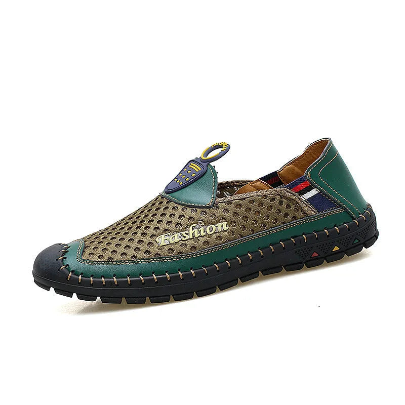 Men's brown mesh casual shoes with round toe and rubber sole on a white background