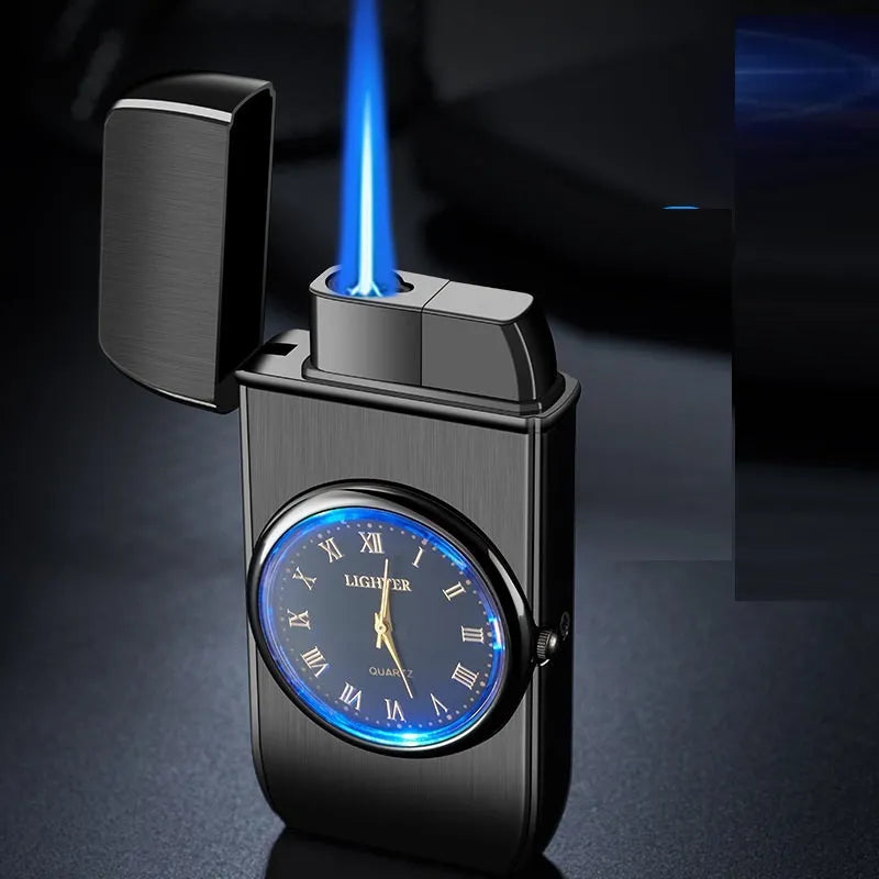 Multifunctional metal watch lighter with LED lamp in brushed black, mahogany, gold, or silver finish.