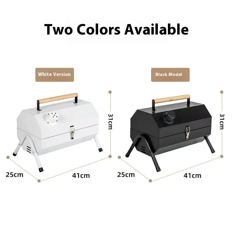 White round portable charcoal grill with chimney oven net, folding for storage.