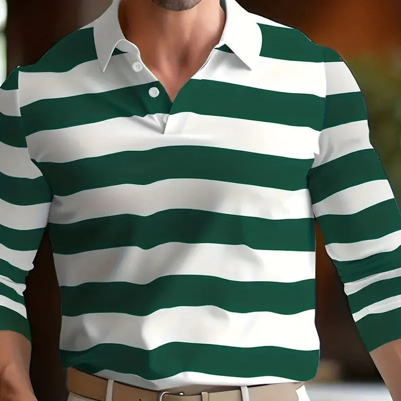 A man wearing a loose-fit long sleeve polo shirt with a button detail, available in various colours and sizes up to 6XL.