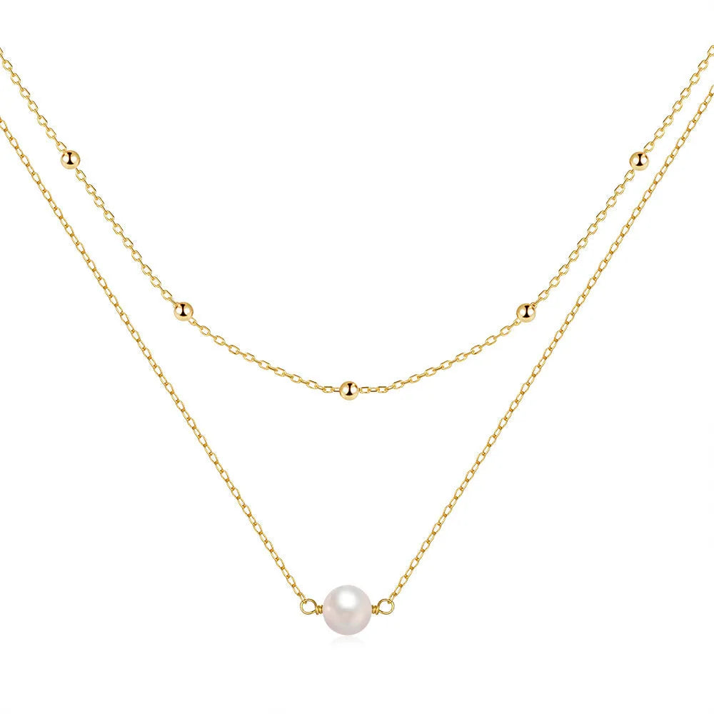 Sterling silver double layer necklace with twin pearls on ball bead chain in gold or white gold plating