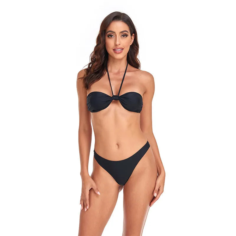 Black women's swimwear set with lace-up tube top and matching briefs