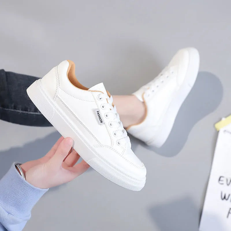 Women's low-top Korean style sneakers in white and brown with PU leather uppers