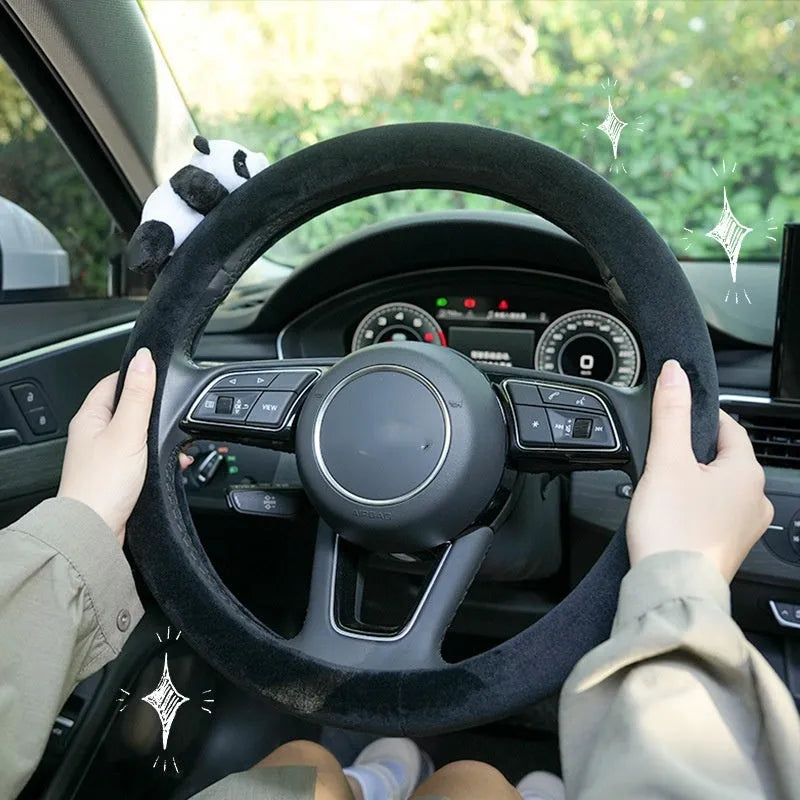 Panda themed plush black steering wheel cover and matching shoulder pad set for car interior
