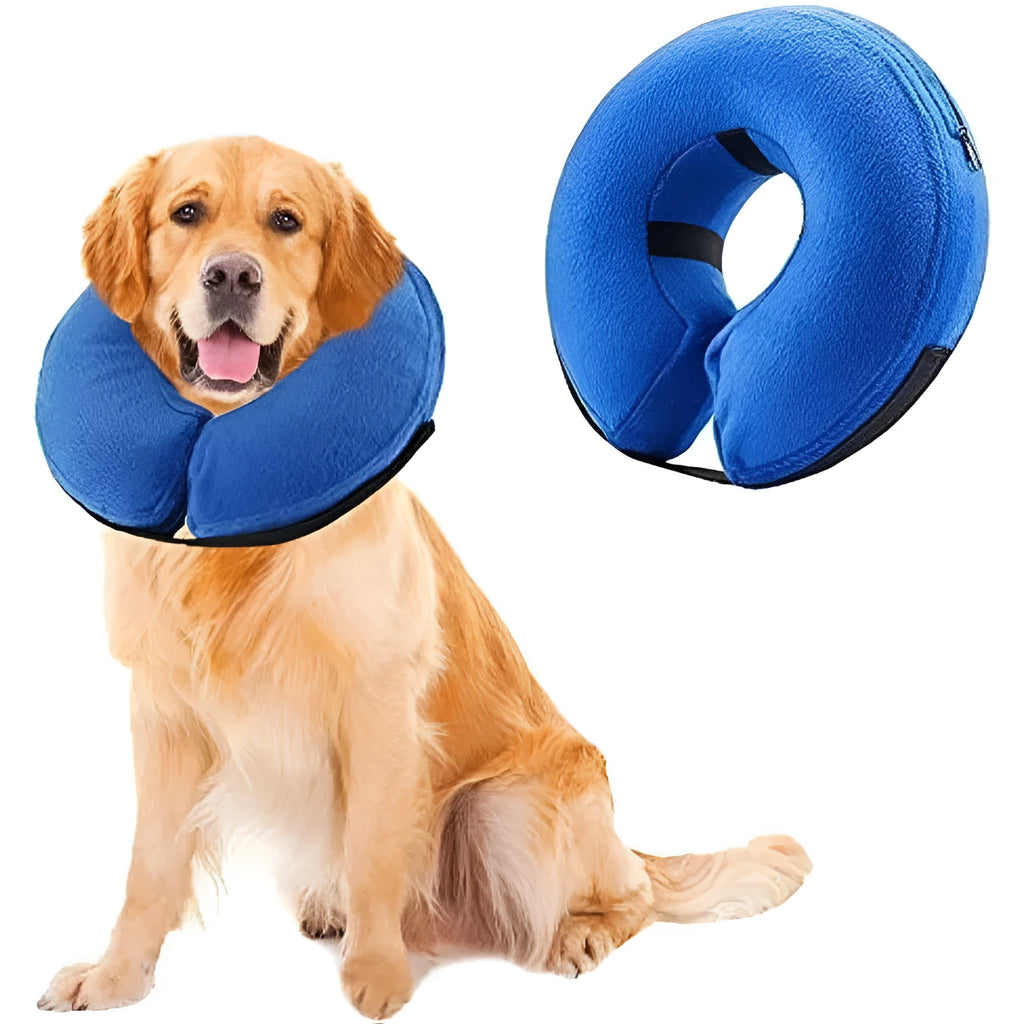 Blue inflatable pet recovery collar shown beside size chart with five measurement options