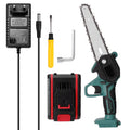 Black mini electric chainsaw with 4-inch guide held in one hand for garden woodcutting