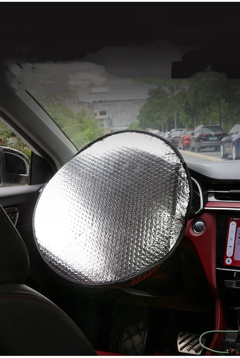 Car steering wheel sunshade cover in aluminium foil with brand LOGO pattern for universal fit heat protection