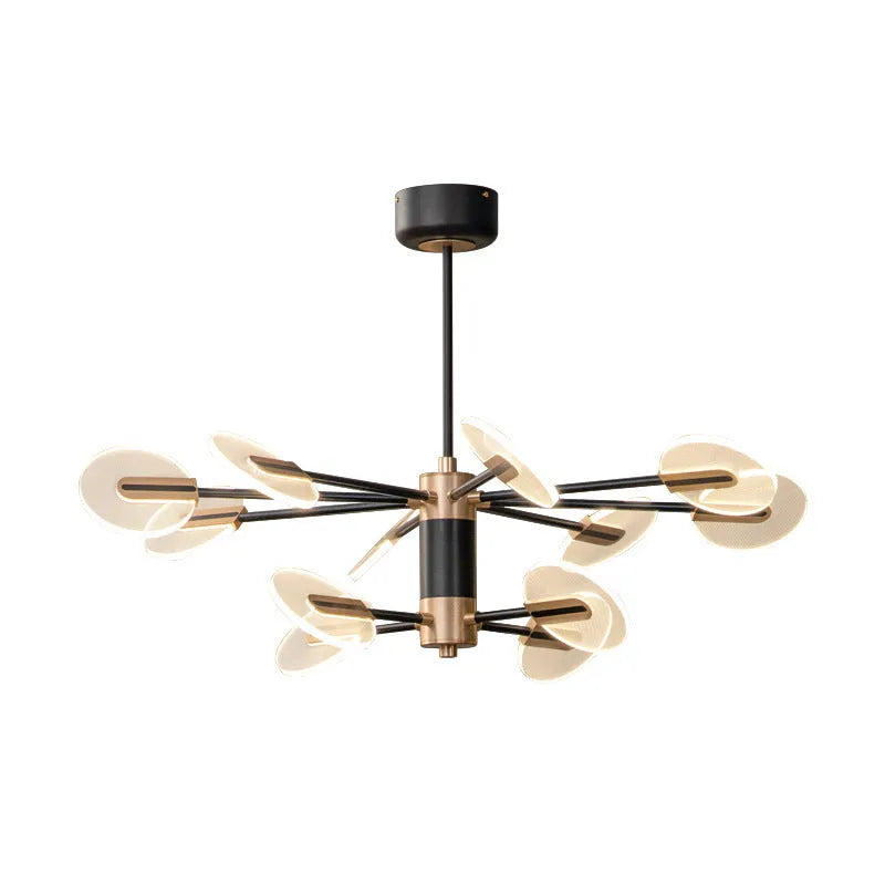 Nordic style iron LED chandelier with multiple acrylic shades hanging from a central frame.