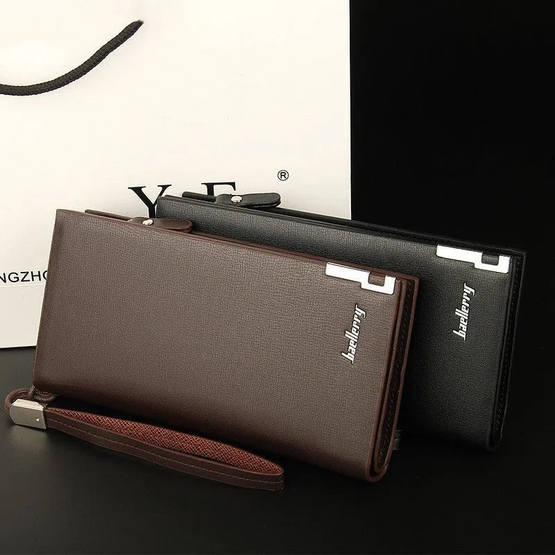 Men's long black PU leather wallet with zipper closure showing seven card slots