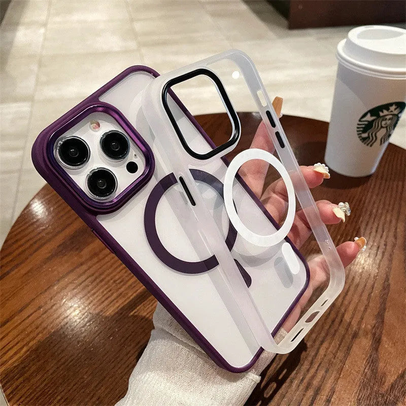 Acrylic magnetic soft edge phone case with anti-fingerprint sprayed finish for iPhone in multiple colours
