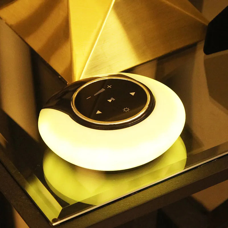 Blue and white Bluetooth desk lamp speaker with touch controls in folded position showing dimensions