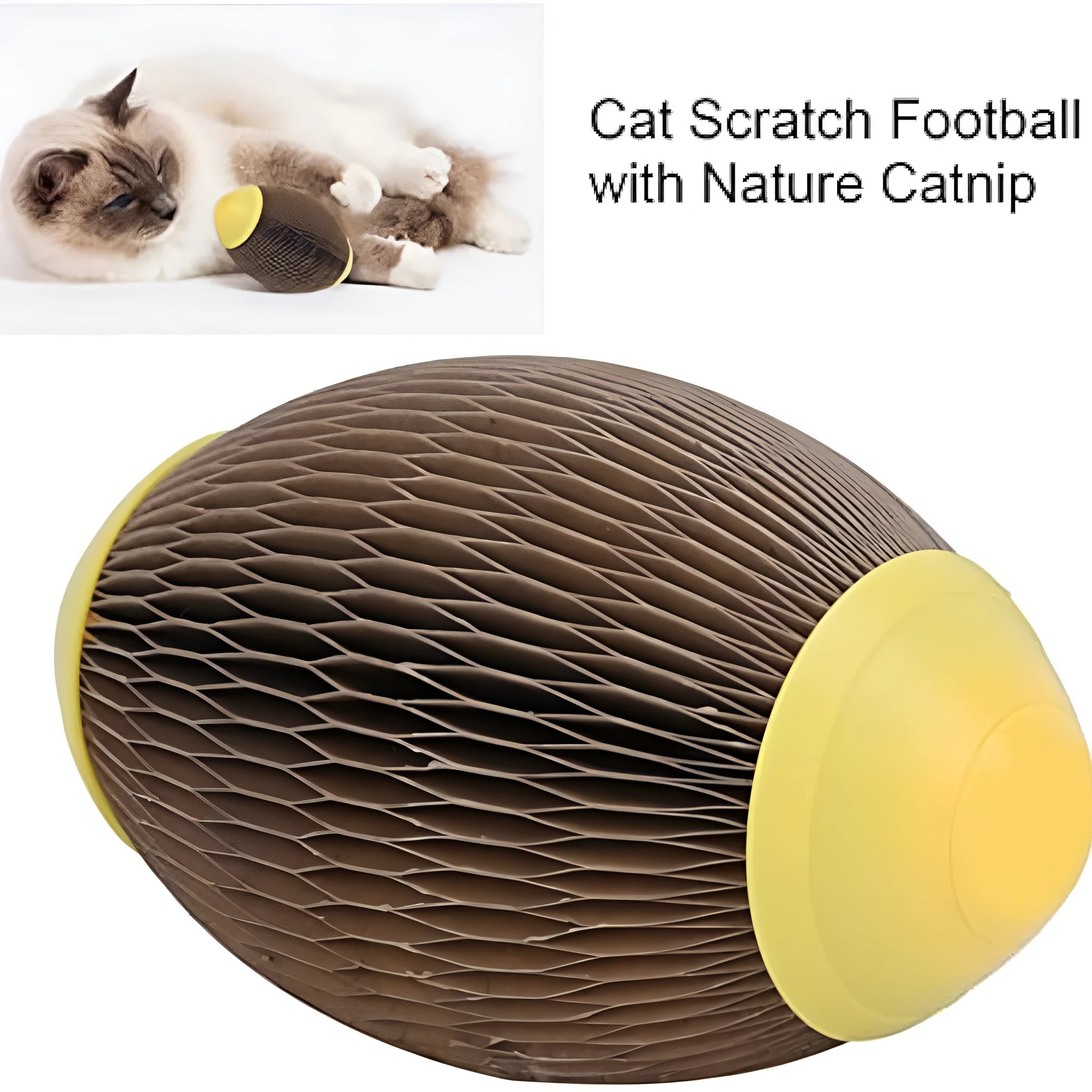 Elliptical corrugated paper catnip ball toy for scratching and kicking play