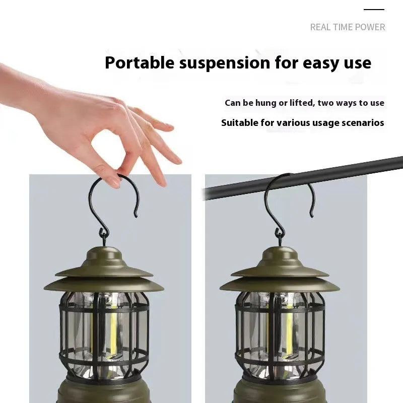 Dark green portable camping lantern with head lamp function on a table